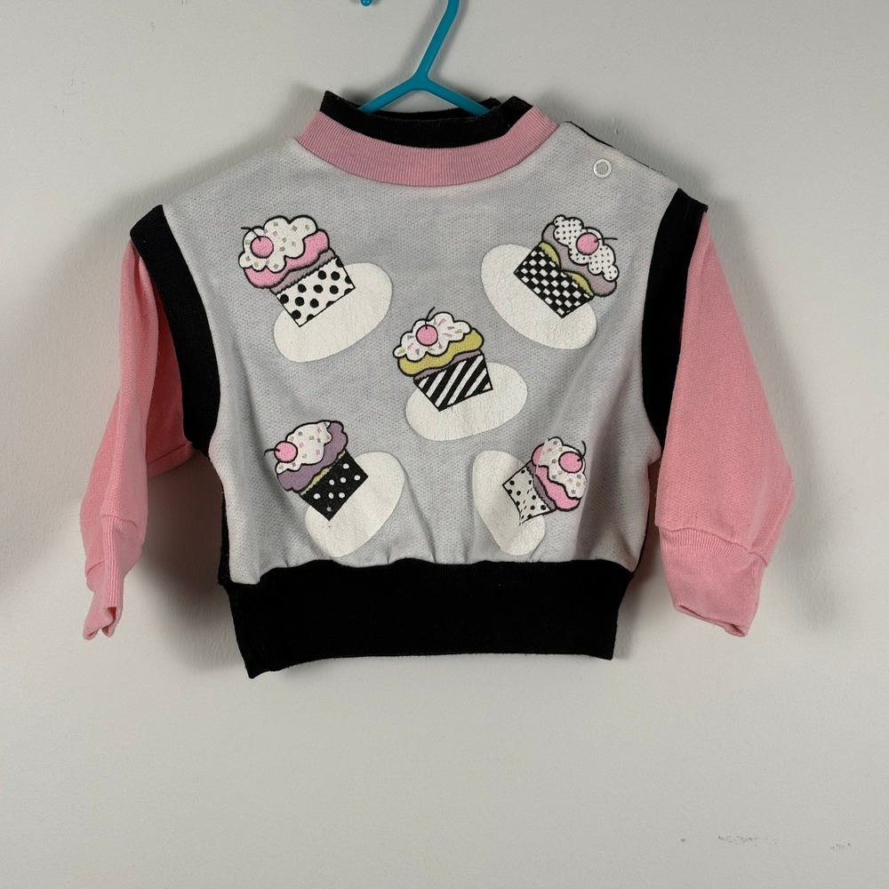 Vintage Kids Cupcake Puff Print Sweatshirt Pink Black Colorblock Toddler Top‎